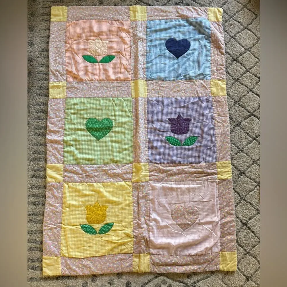 Vintage 1980s handmade floral quilted blanket or wall hanging